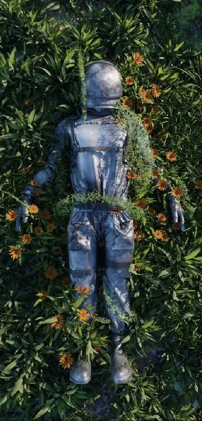 Astronaut suit surrounded by lush green foliage and vibrant flowers.