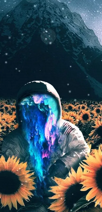 Astronaut in sunflowers with cosmic face under night sky.