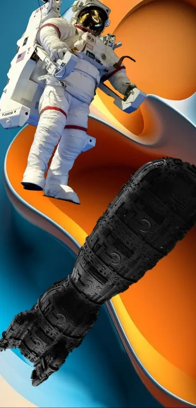 Astronaut floating in vibrant abstract background with 3D elements.