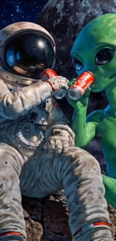 Astronaut and alien sharing a drink in space art.