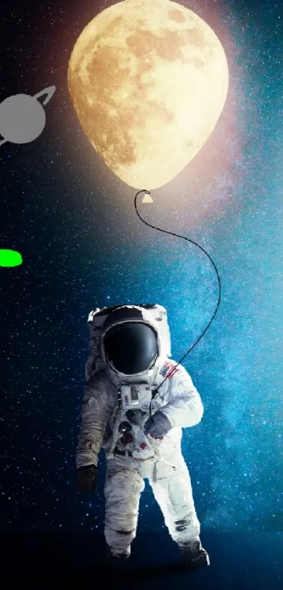 Astronaut holds a moon balloon with an alien in space.