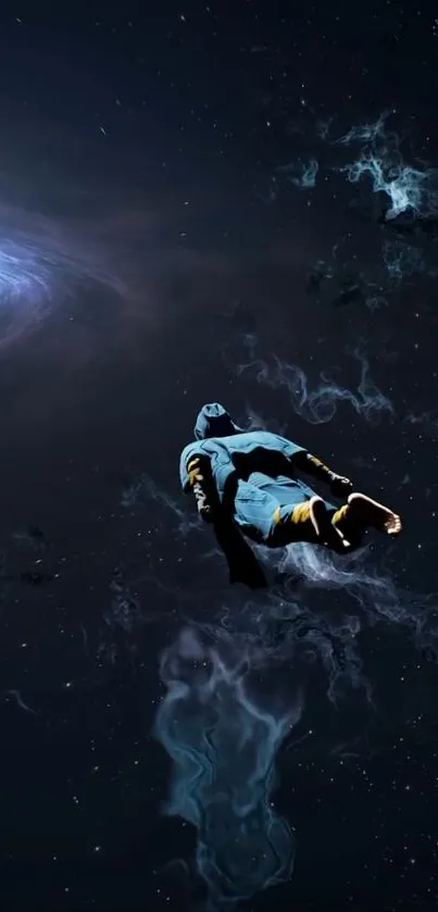 Astronaut drifting towards a bright black hole in a cosmic scene.