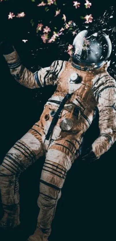 Astronaut in vintage suit surrounded by blossoms against black background.