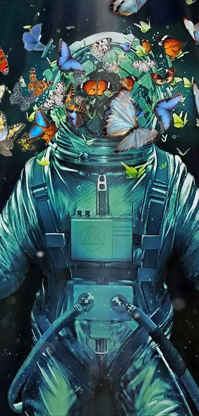 Astronaut surrounded by colorful butterflies in a cosmic setting.