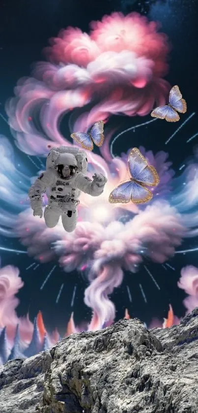 Astronaut floating among clouds and butterflies in a cosmic fantasy scene.