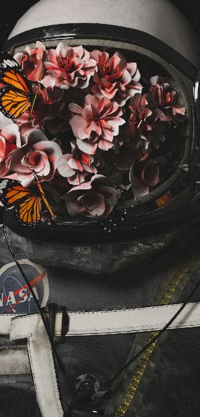 Astronaut with roses and butterflies on helmet, against a dark cosmic backdrop.