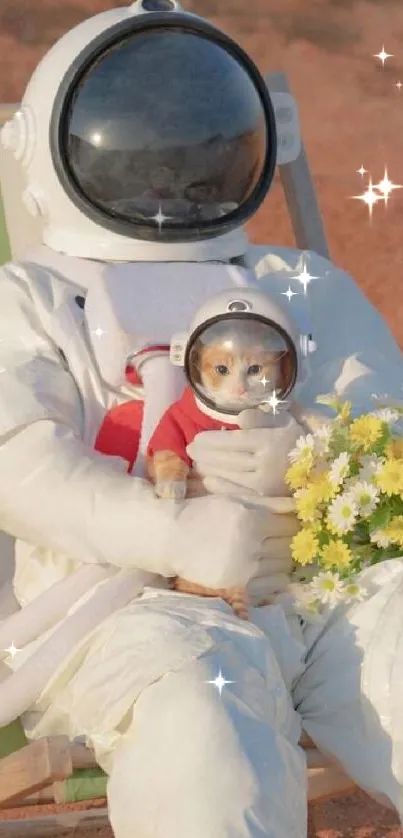 Astronaut holding a cat on Mars with flowers.