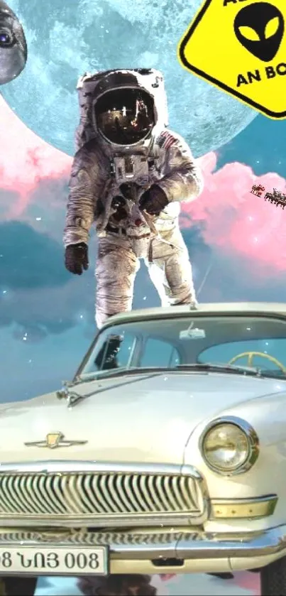 Mobile wallpaper with astronaut, vintage car, and cosmic background.