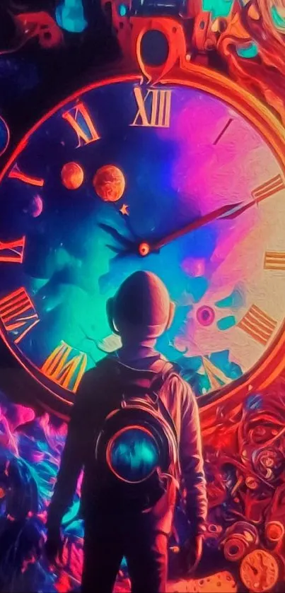 Surreal astronaut in front of a cosmic clock with vibrant neon colors.