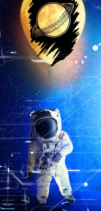 Astronaut with cosmic background and glowing moon.