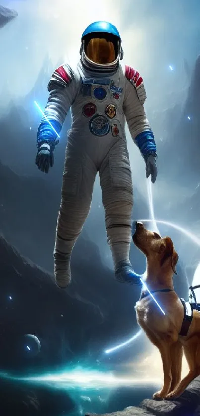 Wallpaper of an astronaut and dog exploring an alien landscape in space.