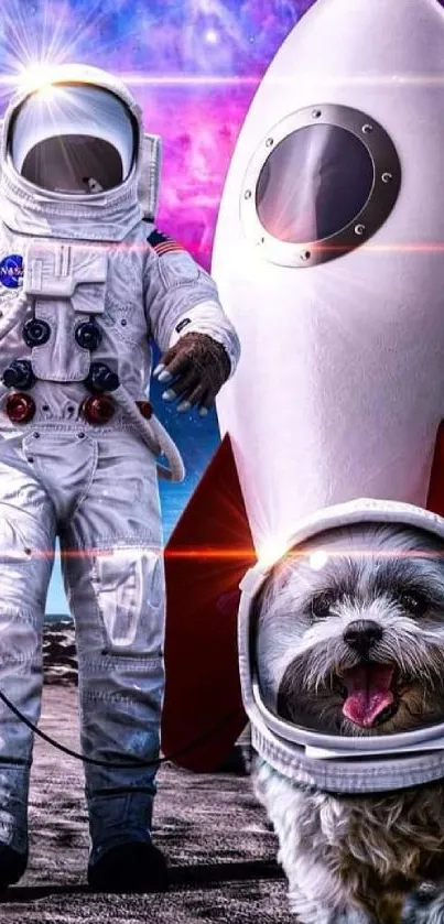 Astronaut and dog in space, with rocket and galactic background.