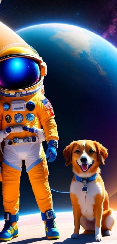 Astronaut and dog stand on a planet under starry sky.