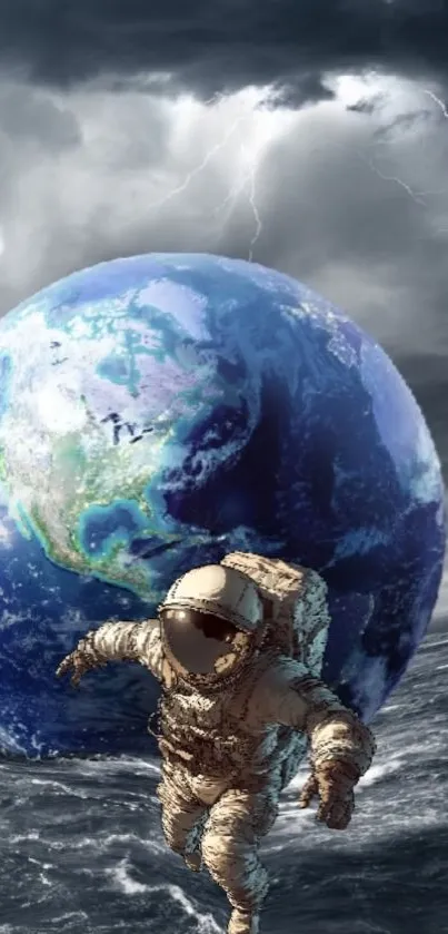 Astronaut in a storm with Earth backdrop.