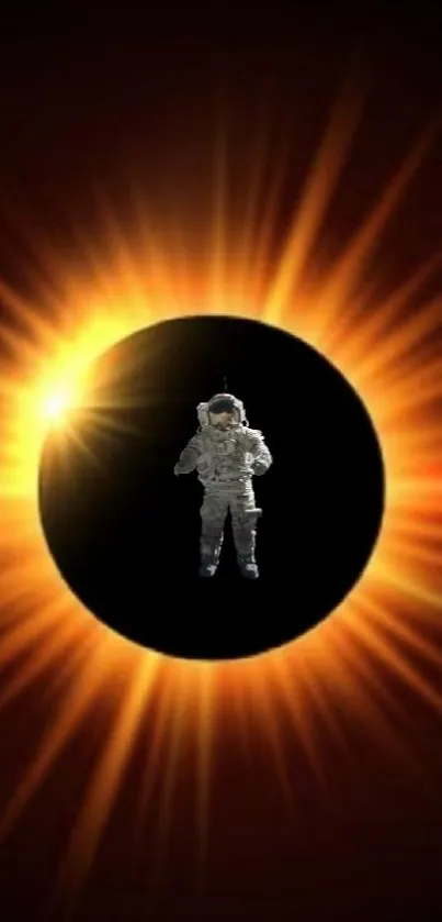 Astronaut silhouetted against a stunning solar eclipse backdrop.