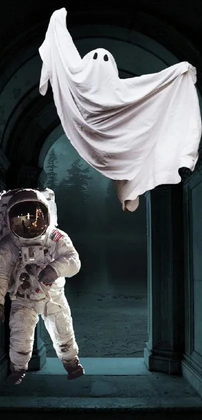 Astronaut and ghost in a dark archway mobile wallpaper.