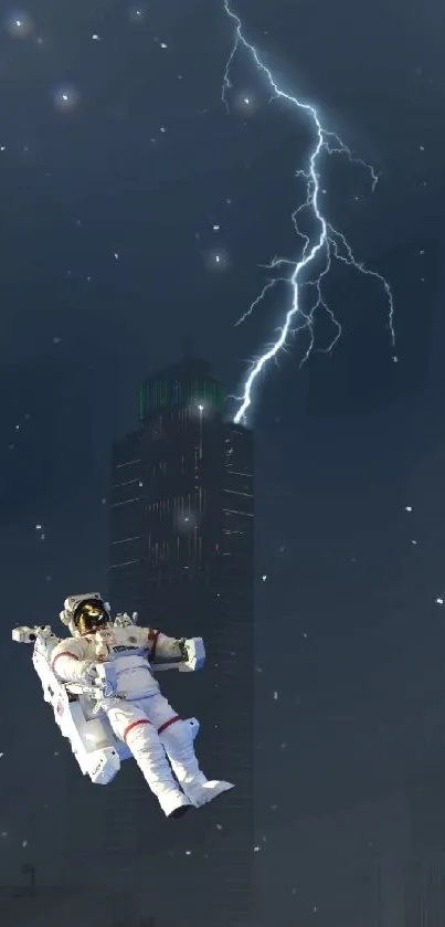 Astronaut hovering over dark city with a lightning strike in the background.