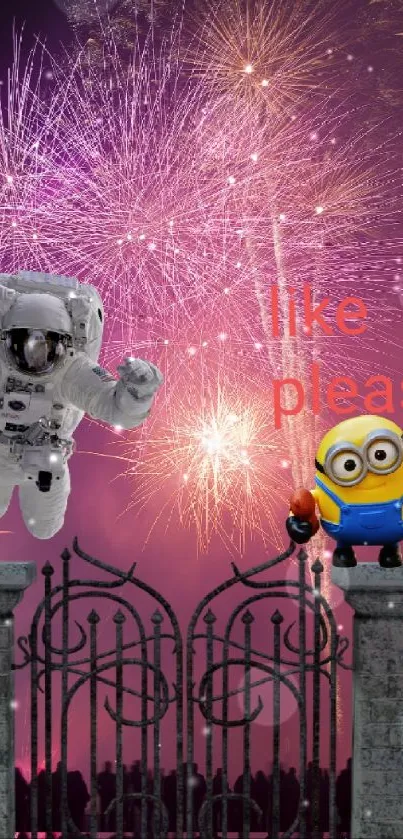 Astronaut and minion with fireworks on a vibrant mobile wallpaper.