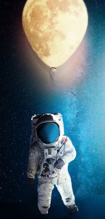 Astronaut with a moon balloon in a starry space background.