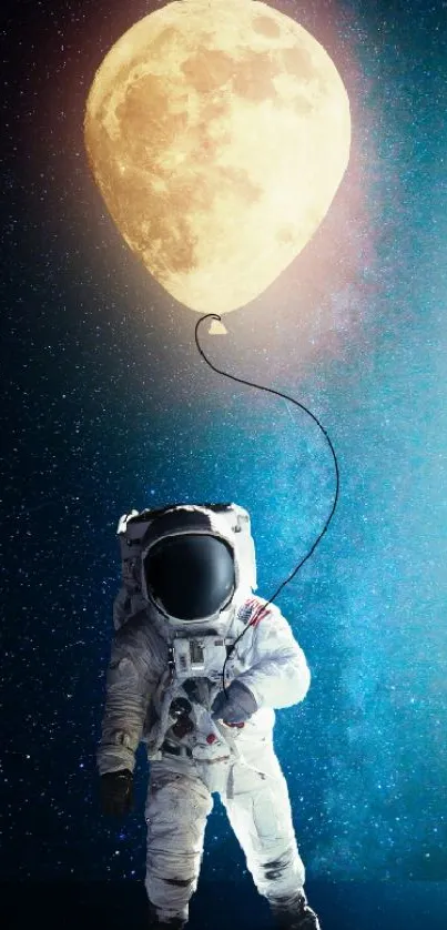 Astronaut holding the moon as a balloon with a starry background.