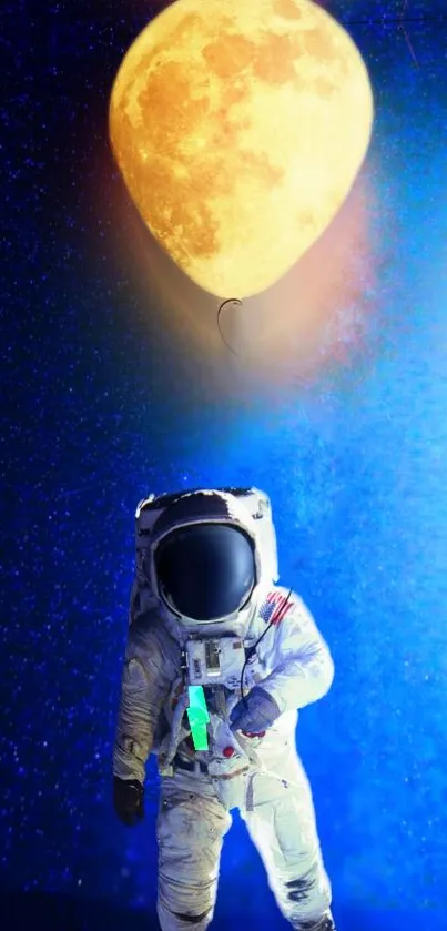 Astronaut with a moon balloon against a blue cosmic background.