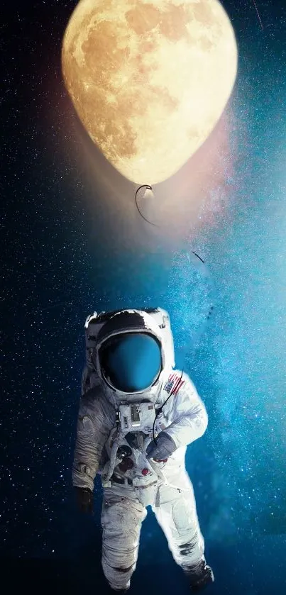 Astronaut holding a moon-shaped balloon against a starry blue cosmic background.