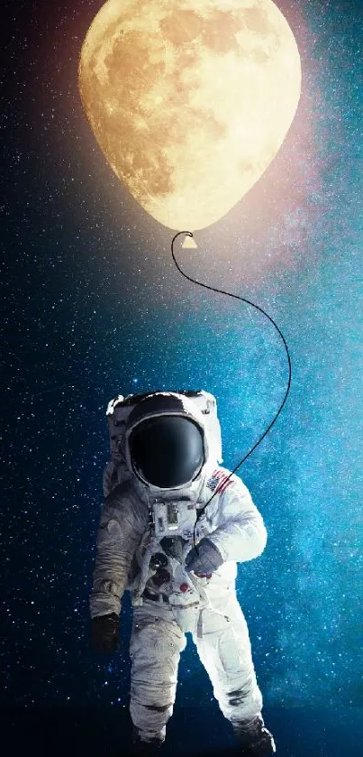 Whimsical astronaut with moon balloon in starry sky.