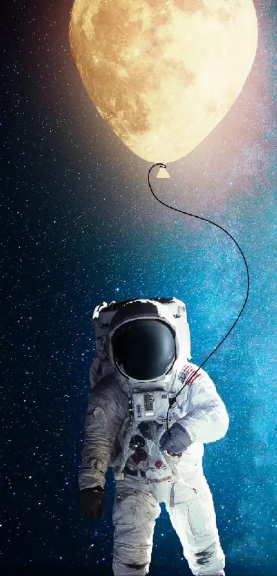 Astronaut with a balloon shaped like the moon against a starry backdrop.