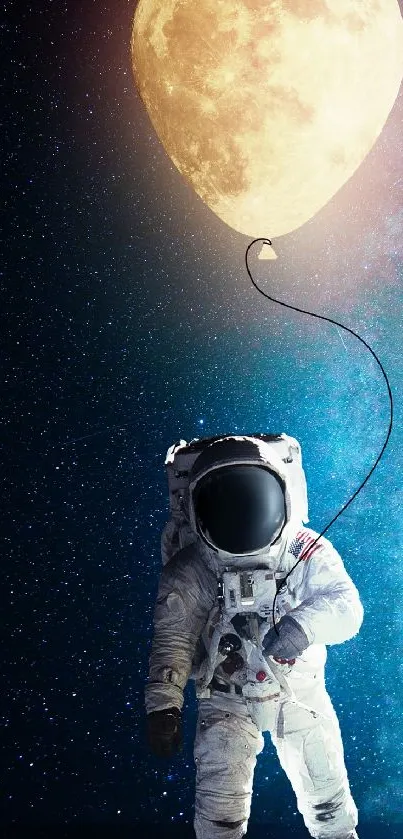 Astronaut holds a moon balloon in starry galaxy.