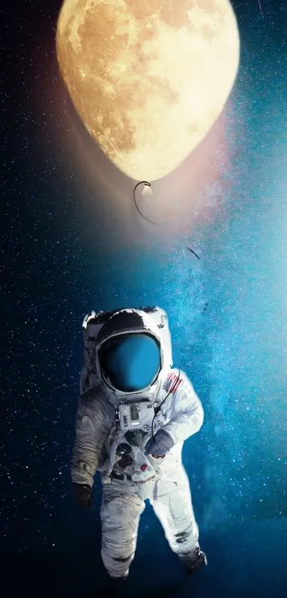 Astronaut floating with moon balloon in space.