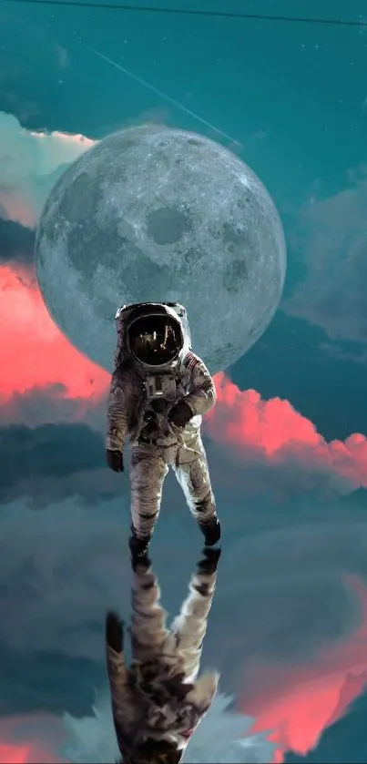 Astronaut in front of moon with colorful clouds in a surreal cosmic scene.