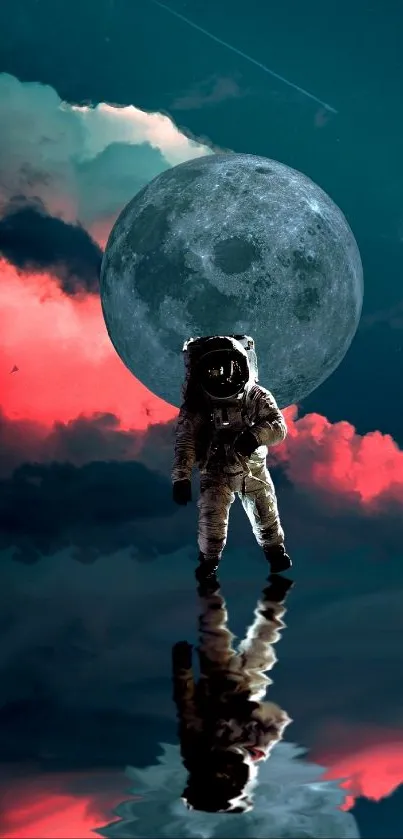 Astronaut under moon with colorful clouds reflecting.