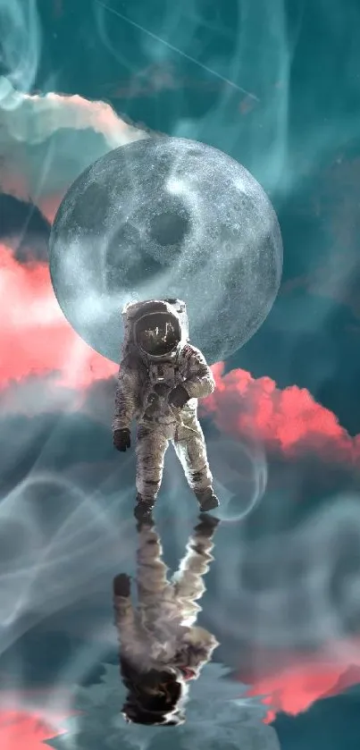 Astronaut stands before the moon amidst teal clouds reflecting on water.