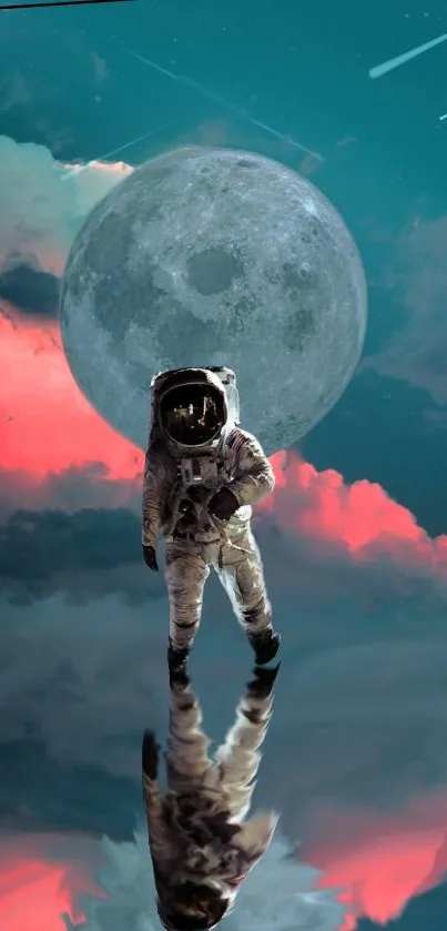 An astronaut in a surreal space scene with a teal and pink moonlit sky.