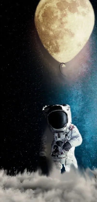 Astronaut floating towards a glowing moon in a surreal night sky.