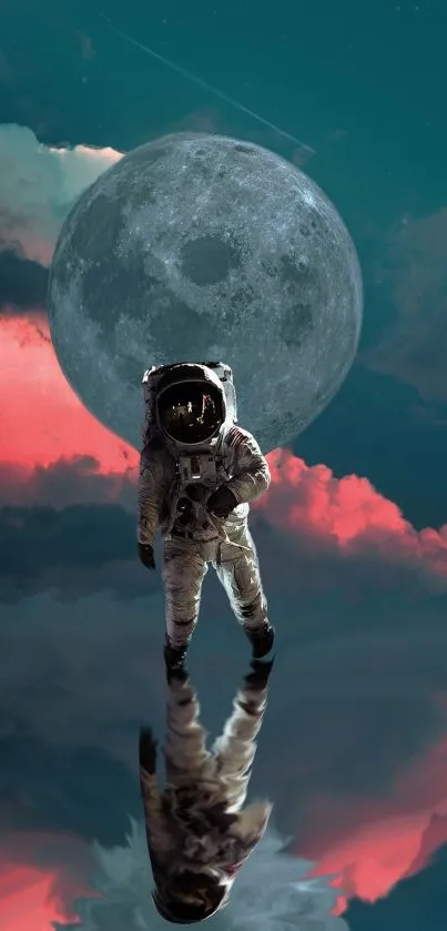 Astronaut with moon and pink clouds mobile wallpaper, surreal and cosmic design.