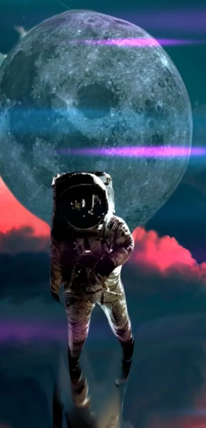 Astronaut floating in front of a large moon with colorful clouds.