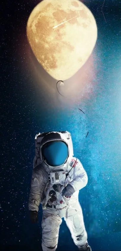 Astronaut floats below balloon-like moon in cosmic space art.