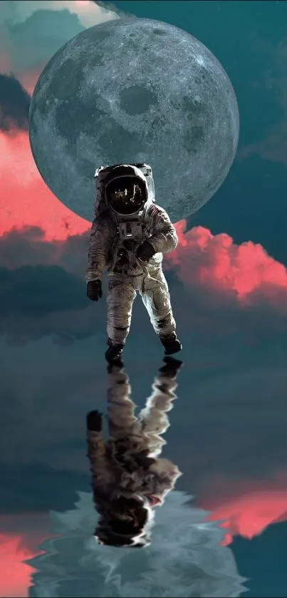 Astronaut standing on a reflective surface with a large moon backdrop.