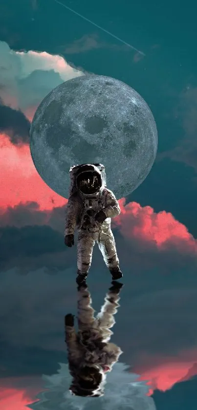 Astronaut with moon reflection under teal sky and pink clouds.