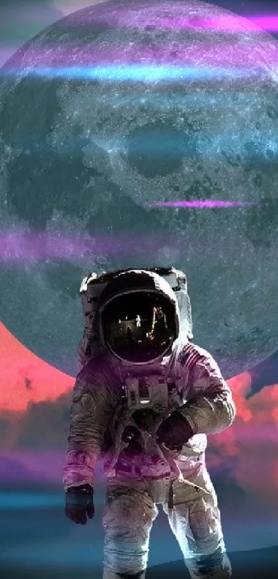 Astronaut on water with moon backdrop in stunning teal and pink hues.