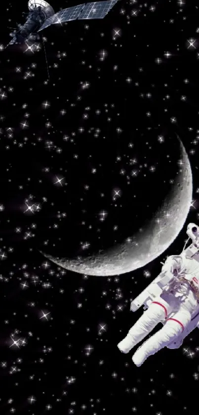 Astronaut floating in space with stars and crescent moon.