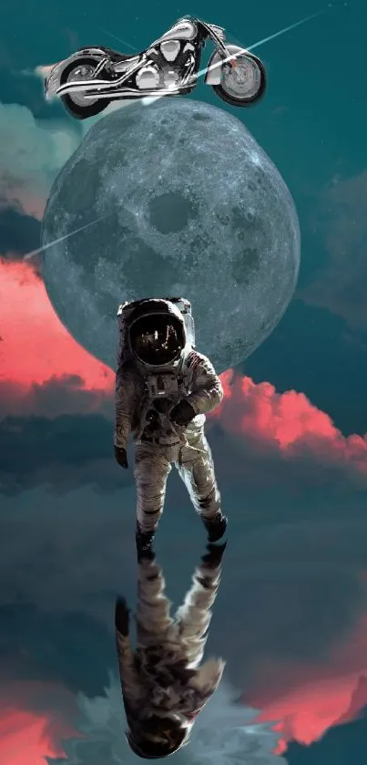 Surreal wallpaper of an astronaut and motorcycle floating in a cosmic scene.