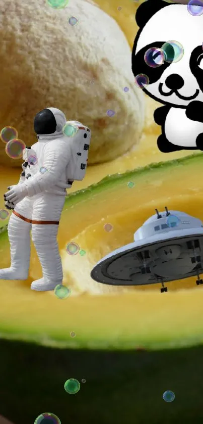 Astronaut and panda with UFO on avocados.