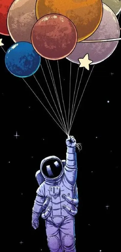 Astronaut holding colorful planet balloons in space illustration.