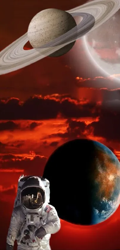 Astronaut and planets with red sky backdrop, cosmic mobile wallpaper.