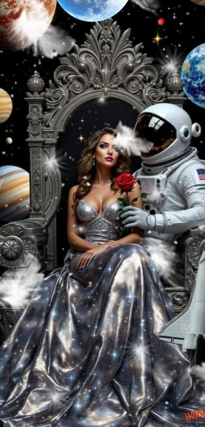 Astronaut presents rose to princess in cosmic art.