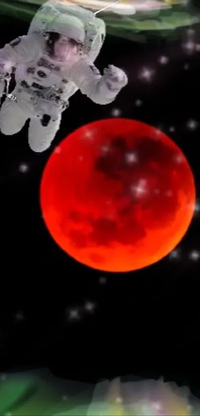 Astronaut floats near a vibrant red moon with a starry cosmic background.