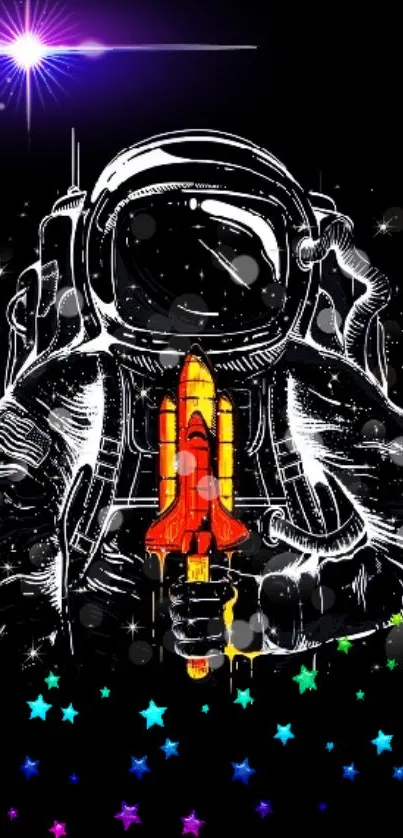 Vibrant astronaut holding rocket with colorful stars on a black background.