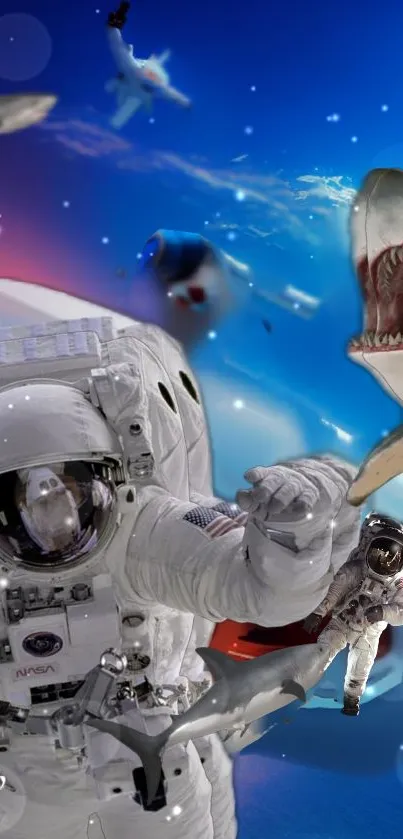 Astronauts and sharks in a cosmic blue scene blend for a unique adventure.